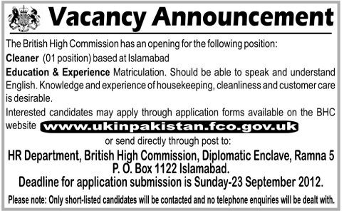 British High Commission Requires Cleaner (Embassy Jobs) in Islamabad